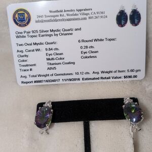 MYSTIC QUARTZ & WHITE TOPAZ EARRINGS. CERTIFICATE INCLUDED. $590 RETAIL VALUE.